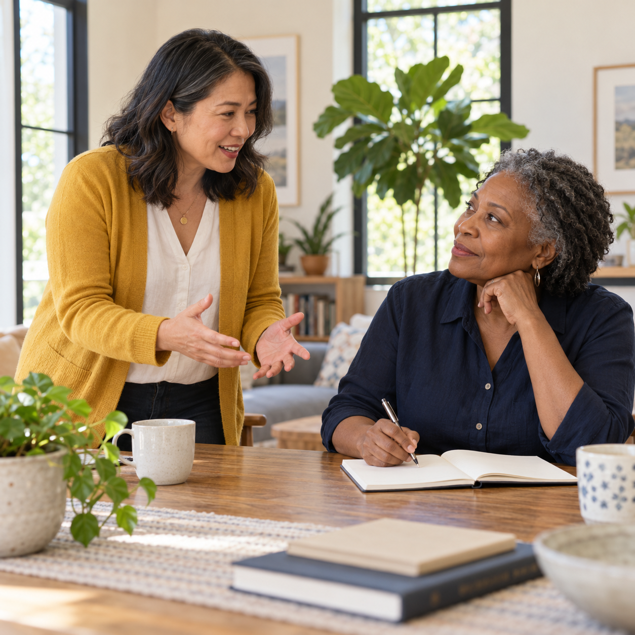 Two adults preparing for a giving conversation.