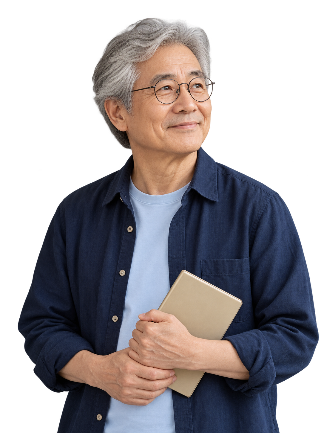 A person holding a notebook.